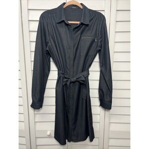Tahari Long Sleeve Button Down Belted Stretch Denim Look Dress Size 14 Dark Blue